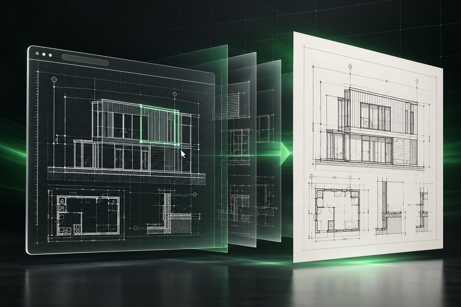 Browser drafting canvas transitioning into a finished architectural shop drawing