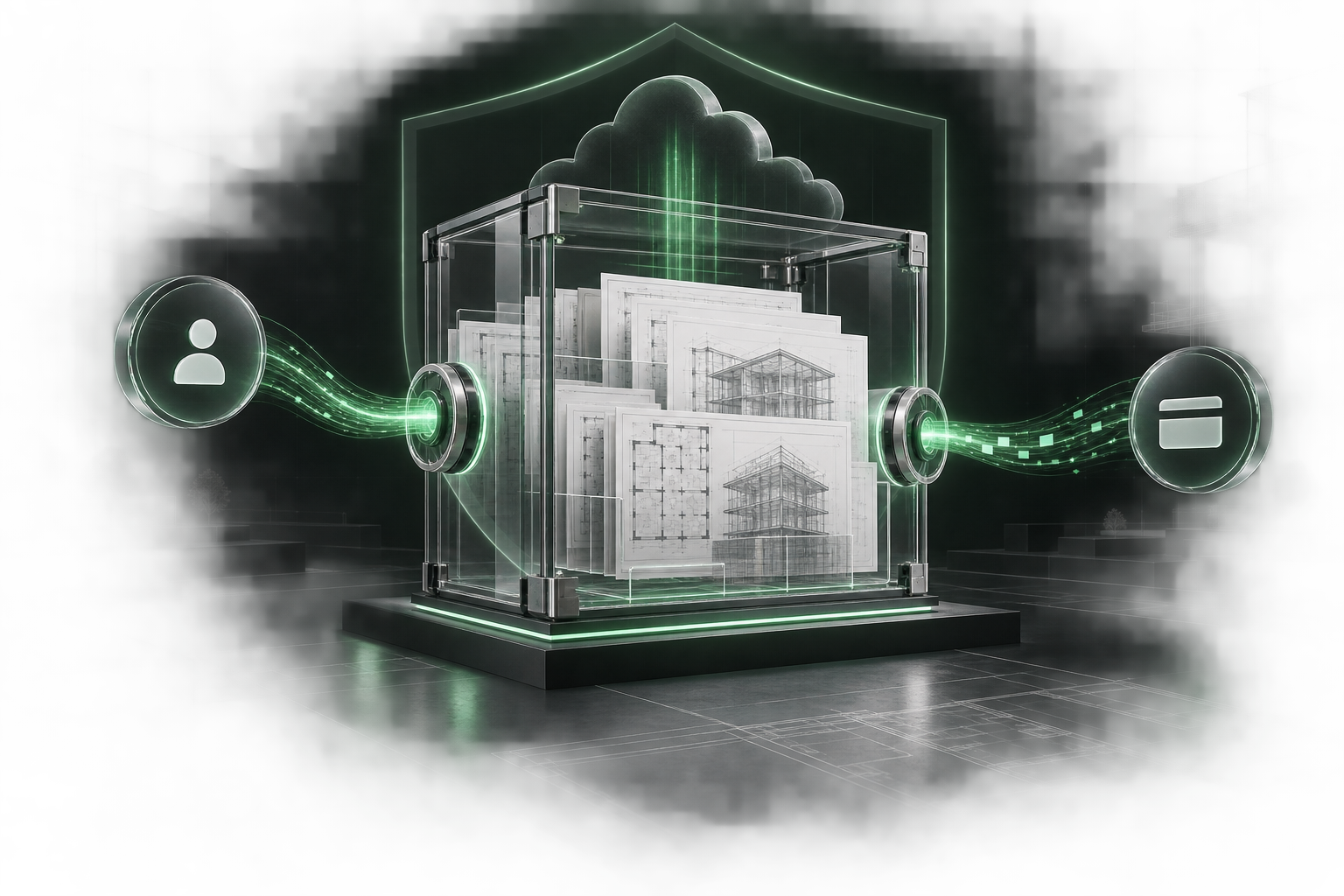 Architectural project drawings secured in a cloud project vault with separate account and payment paths